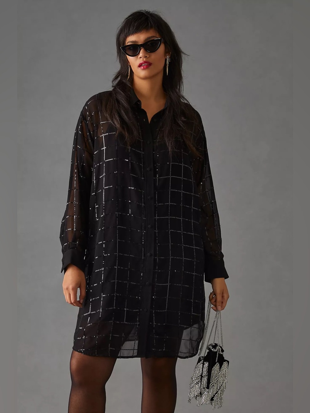 Rinku Dalamal for Anthropologie Black Sequin Shirt Dress *no slip*